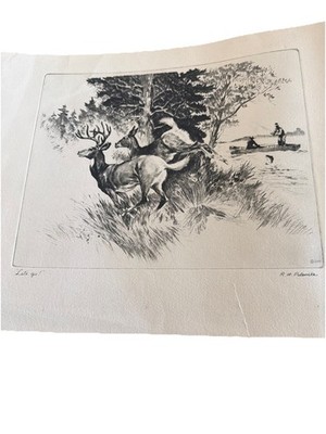 Vintage Art Etching RH Palenske LETS GO Sportsman Buck Doe Deer Fishermen River