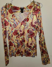 Moda Yellow Hippie Boho Silky Stretchy Floral Bodycon Blouse Shirt Top Sz M