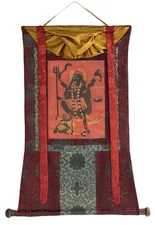 KALI MAHAKALI GODDESS HAND-PAINTED THANGKA WITH SILK BROCADE HINDU BUDDHIST ART