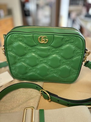 Gucci Zip Camera Bag GG Matelasse Green Leather Small Crossbody w
