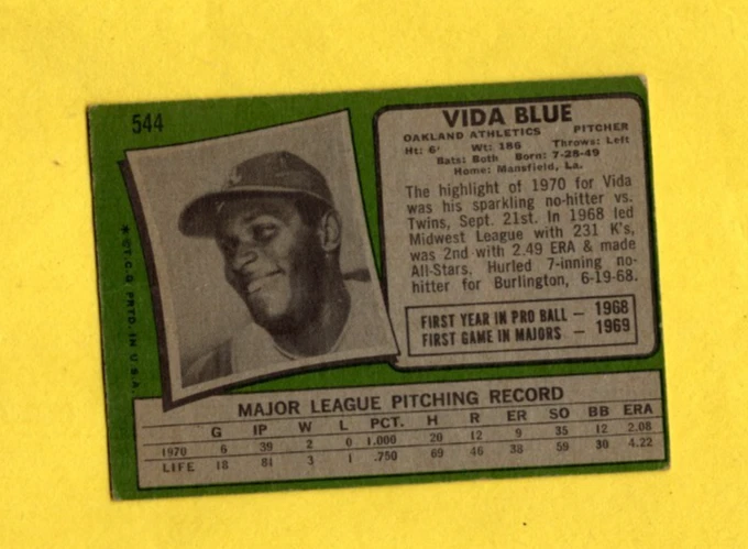 Topps Vida Blue #544 Oakland Athletics 1971 buen envío gratuito Foto 2 de 3