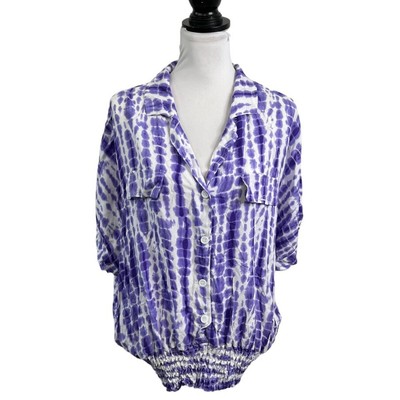 Iky & Me Blouse New Women's Plus 2X Purple & White Tie Dye Collared V Neck Top