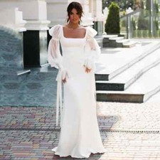 Elegant Satin Mermaid Wedding Dress Square Neck Puff Sleeves Beach Bridal Gowns