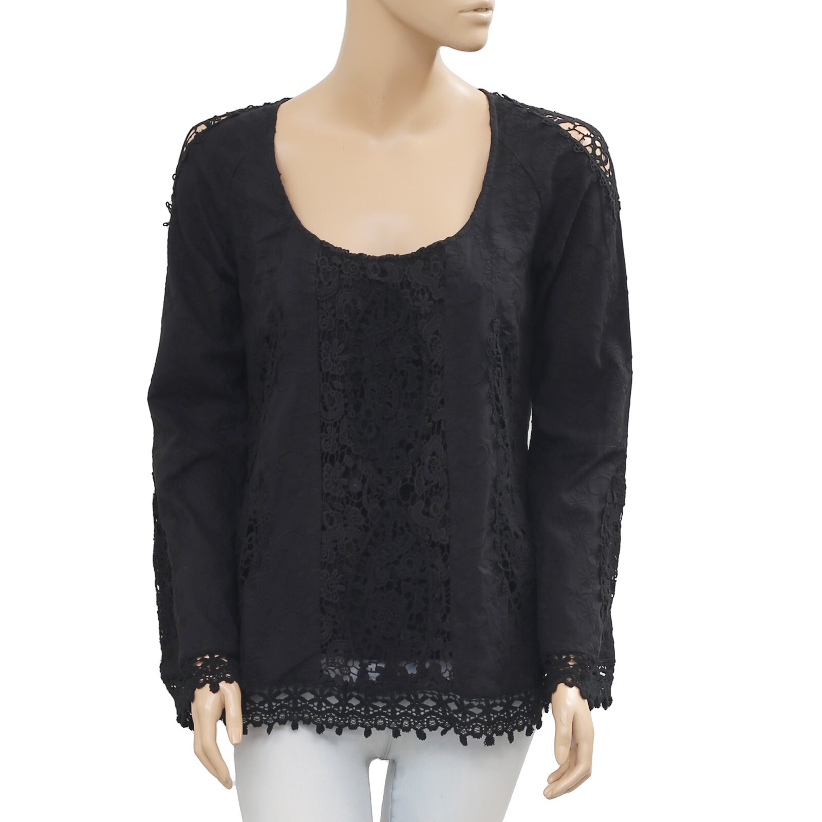 Odd Molly Anthropologie Embroidered Blouse Top Floral Crochet Black S-1 272483