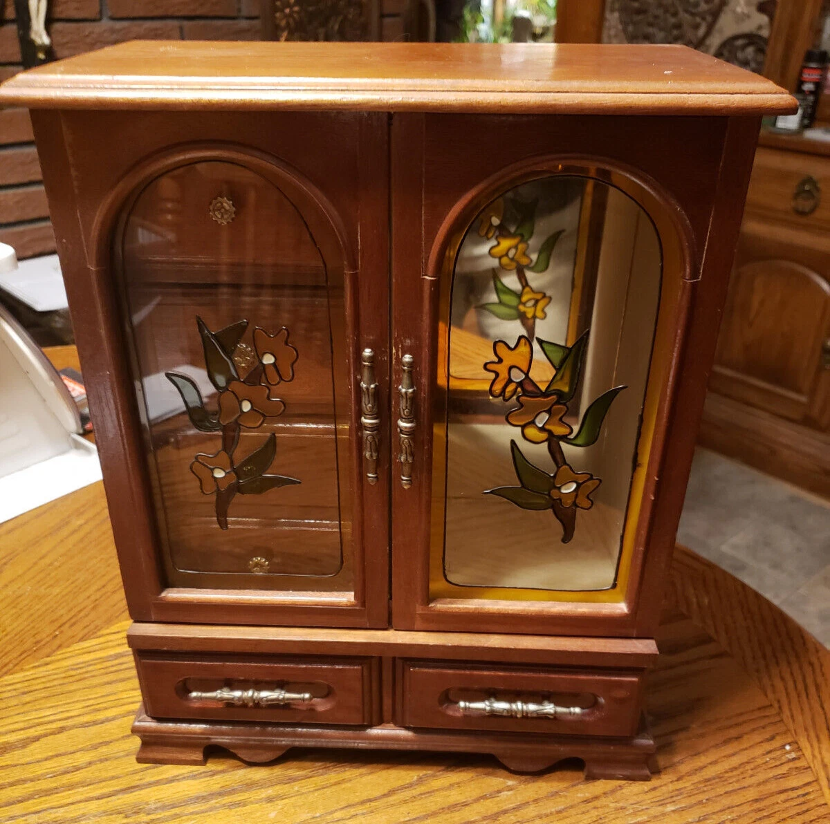 POWELL Wood Jewelry Box 2 Door Mirror 5 Drawers Armoire Vintage