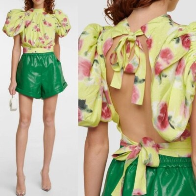 Blouse Rotate Birger Christensen Dawn Floral Puff Sleeve Top Tie Back Yellow NEW