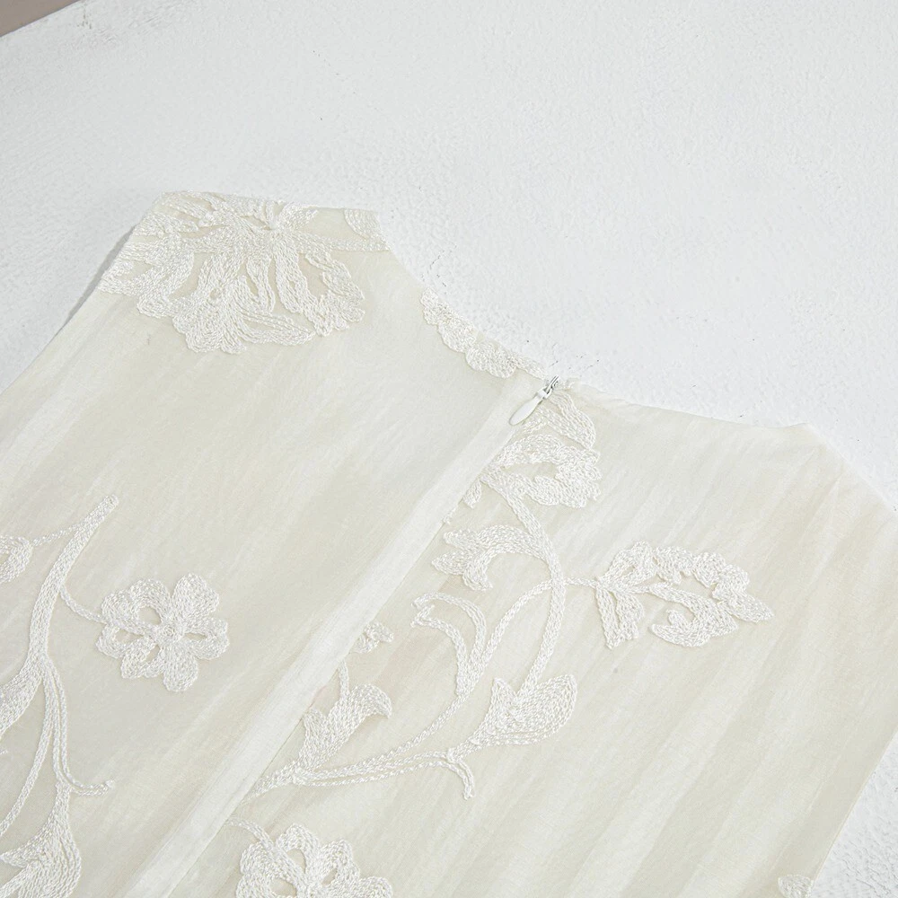 OFF WHITE Abito donna moda ricamato tencel lungo smanicato gilet vestito gonna linea A