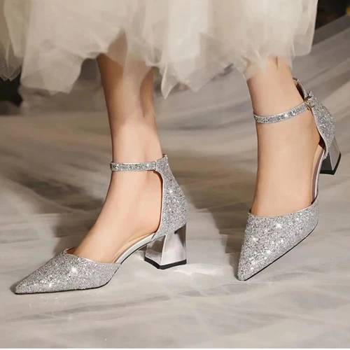 Women Sequins Thick High Heels Ankle Strap Luxury Pumps Wedding arty Shoes - Bild 2 von 17