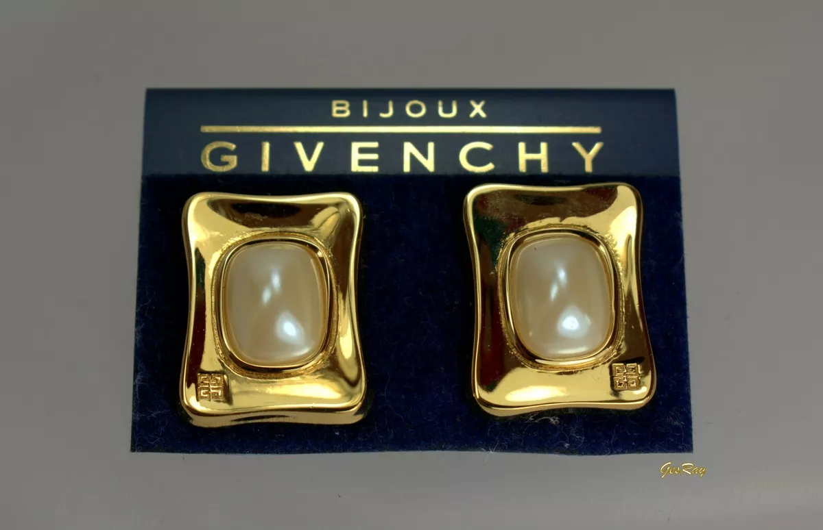 Authentic Vintage Givenchy Logo Clip on Earrings Gold Pearl Paris