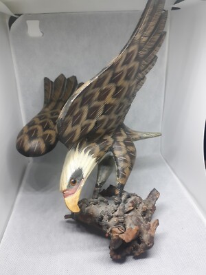Hand Painted Carved Wood Bald Eagle On Wood Stand 9 x 8.5  