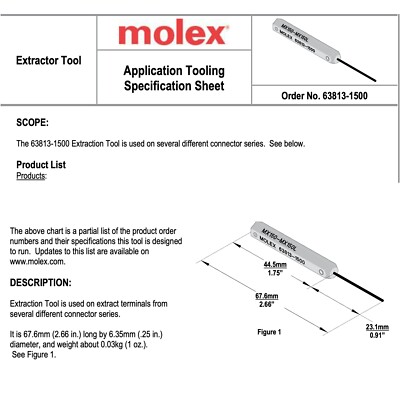 Molex 63813-1500 Terminal Extraction Removal Tool Mx150 / Mx150l