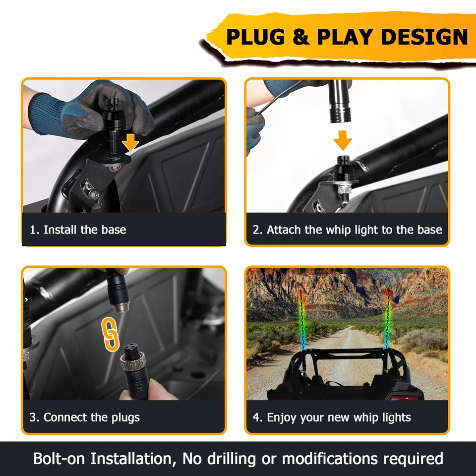 plug & play 2x 3ft RGB LED Whip Lights Antenna Flag App & Remote For ATV UTV RZR - Image 3 of 4
