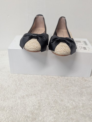 Size 6 Women's Patricia Green St. Tropez Bow Raffia Flat 94012 Black/Tan Shoes - 第 4/8 張圖片