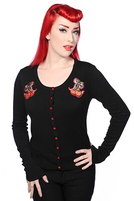 Women's Black Rockabilly Retro Punk 50's Emo Pinup Cherry Bow Cardigan BANNED