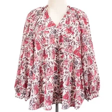 Rhode NWT Long Sleeve Printed Blouse Size Large in Pink/Red/Multicolor Polyester