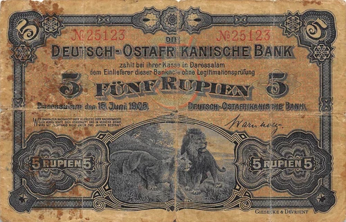 German East Africa  5  Rupien  15.6.1905  P 1   Rare  Circulated Banknote G 14