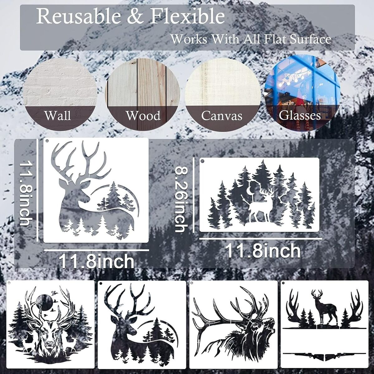 High-Quality Versatile Wood Burning Stencils - Forest Mountain Tree Deer  Head