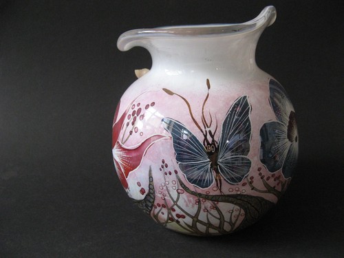 Freiherr von Poschinger Vase, signiert: Brunner, Glasmalerei, Insekten Blumen - Bild 3 von 10