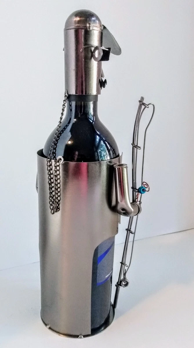 Wine Bodies Bottle Holder Fisherman Catching Fish Metal Folk Art Bottle Display