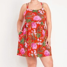 Old Navy Womens Fit & Flare Strappy Mini Dress Orange Floral Flowy Stretch 2X