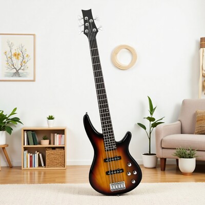 5-String Beginner P-Style Electric Bass Guitar-Amp Full Size JJ Pickups Sunburst