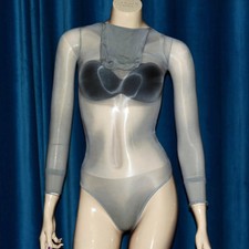 Sheer Pantyhose See-through Shiny Catsuit Long Sleeve Top Closed Hood Bodysuit