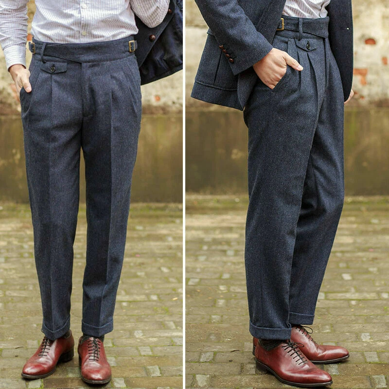 Winter Spring Mens Woolen Gurkha Pants Tweed Suit Pants Casual Trousers Straight