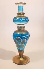 Vintage Hand Blown Venetian Glass Bud Vase Bottle Turquoise Hand Enamel Gilt
