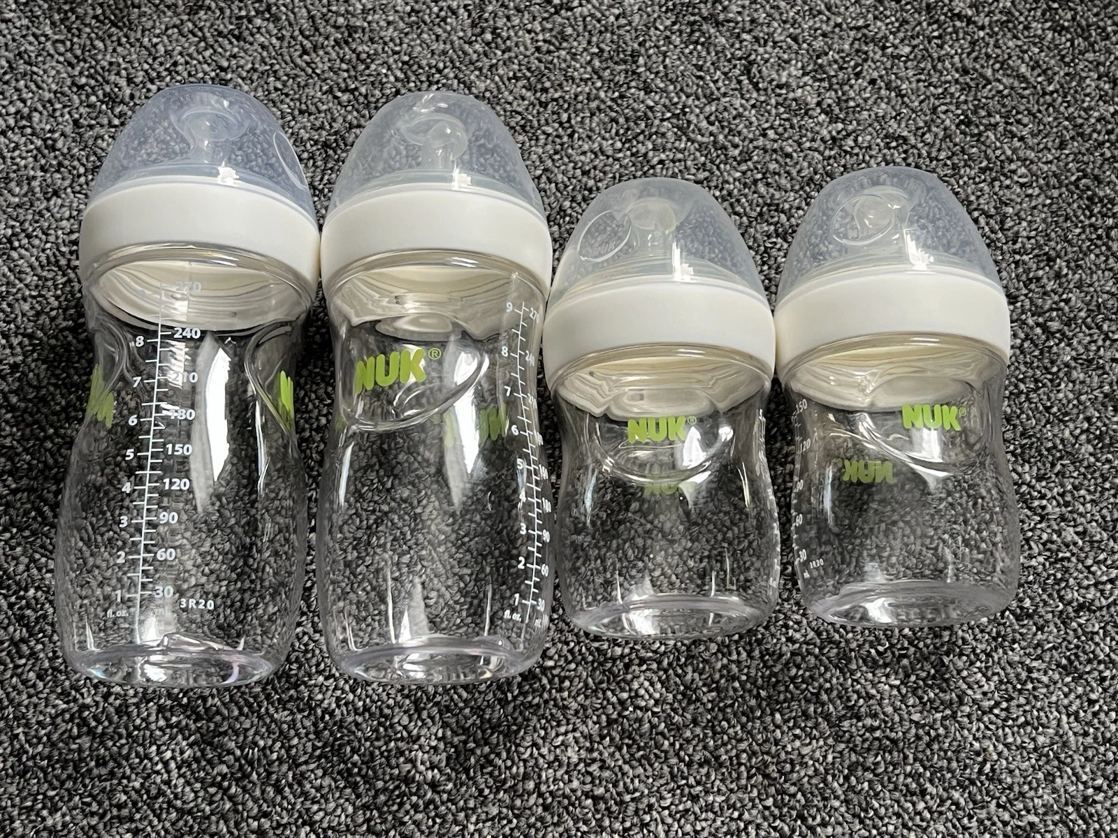 NUK Simply 4pk White Natural Baby Bottles With Lids 5 & 9oz Stage 1, 2,3 Nipples