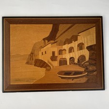 Marquetry Picture Seascape Wooden Inlay Art Wall Hanging 39cm x 29cm Vintage
