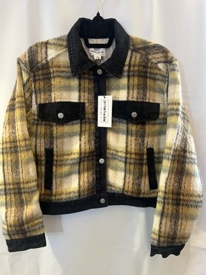 For The Republic Women s Cropped Plaid Black Denim Trucker Jacket Size L -  NWT