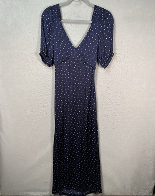 Scotch & Soda Blue Maxi Dress V-Neck Puff Sleeves Smocked Shoulders Polka Dot