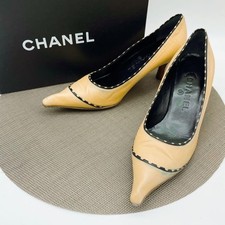 CHANEL Pumps Pointed Toe Leather Beige Black Women's Size EU36/US6