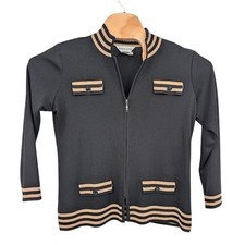 Misook Petites Zip Front Knit Cardigan Jacket Black Gold Trim Women's PM