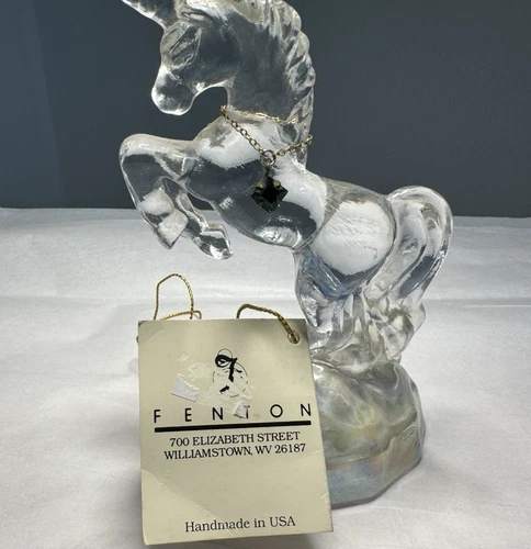 Fenton Clear Unicorn Iridescent Base Emerald Accent USA Glass Figurine Rare