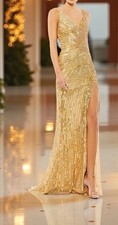  598 Mac Duggal 5473 High Slit Embellished Sequins Dress Gold Size 8 NWT