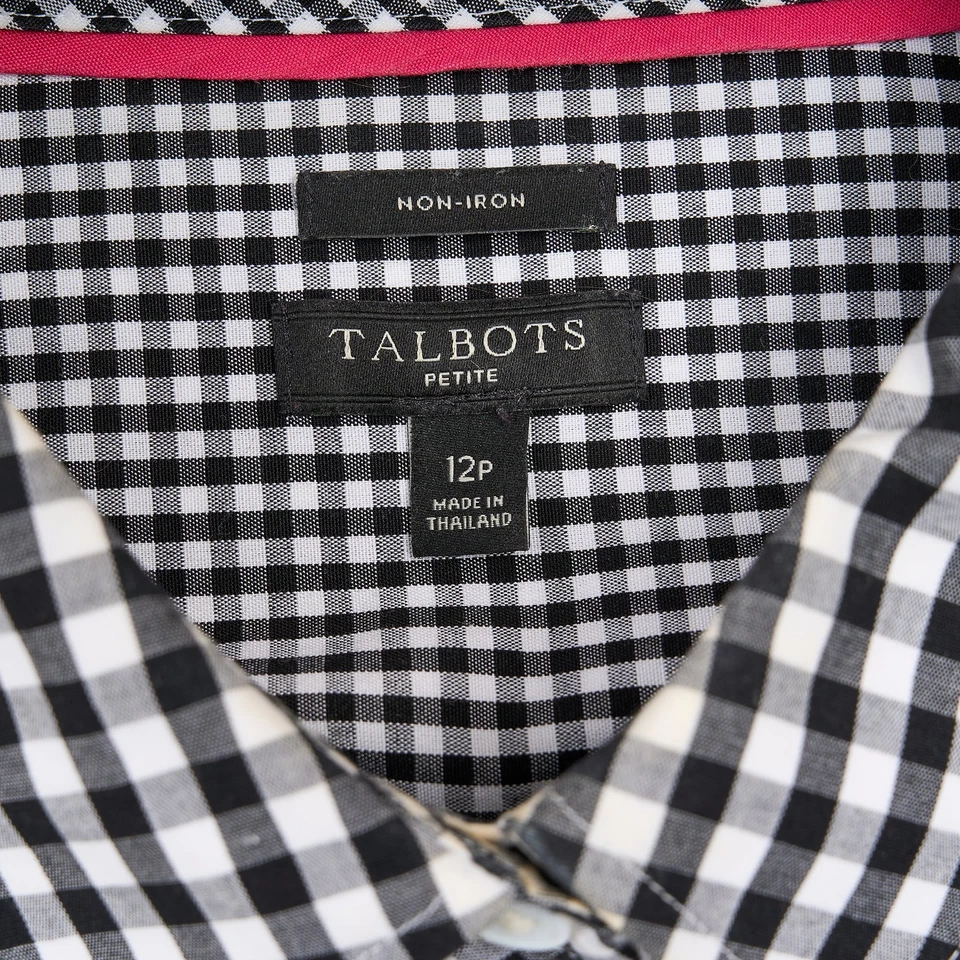 Camisa Talbots para mujer 12P negra blanca a cuadros algodón elástico con botones Foto 4 de 4