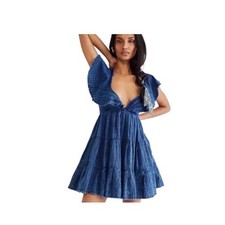 $140 Free People Blue Undone 100% Cotton Ruffled Tiered Minidress Size US Small