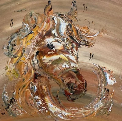 Cheval Équitation PEINTURE TOILE TABLEAU Original Neuf 40x40cm - Photo 1/4