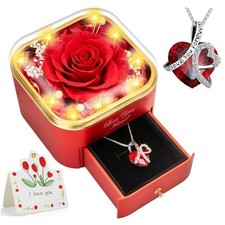 Preserved Real Rose with Heart Necklace -Eternal Flowers Rose Birthday Red