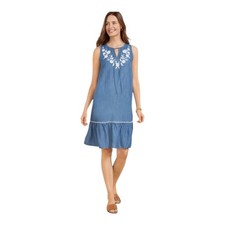 Talbots Womens Blue Floral Embroidered Drop Waist Chambray Dress XS (P)
