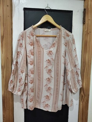 womans como blu pink & white floral blouse size 1 x peasant boho