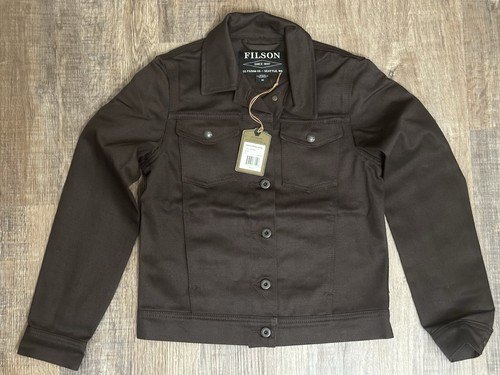 Brown canvas FILSON women’s jacket with collar, front buttons, and two flap chest pockets, made in USA RARE BAG.
