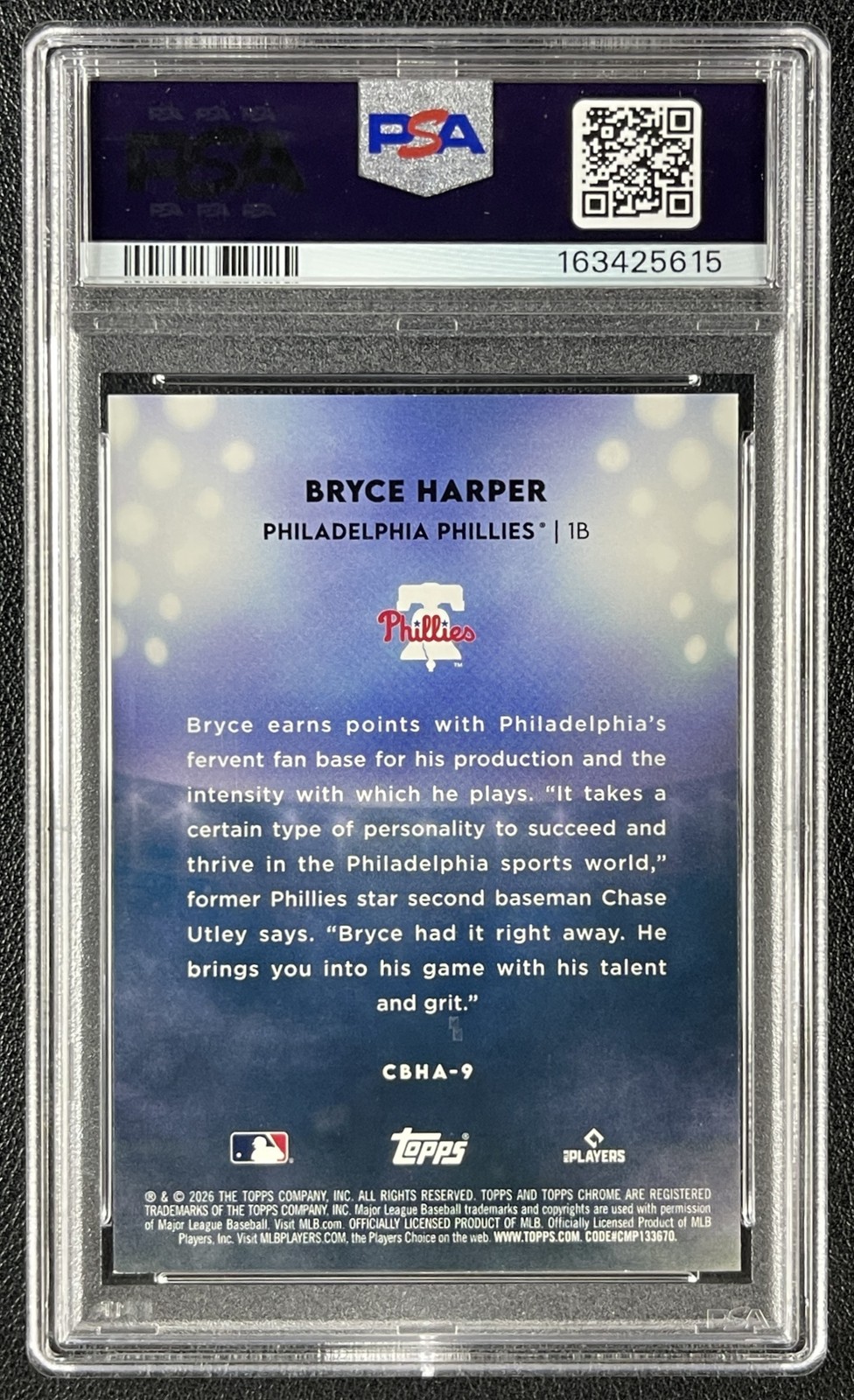 BRYCE HARPER PSA 9 2026 TOPPS CHROME BLACK #CBHA-9 HOME FIELD 39/50 view 2