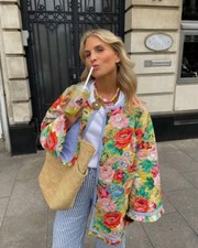 Roses Flowers Womens Quilted Florals Patchwork Print Boho Jacket