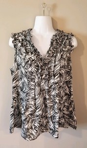Ann-Taylor-Loft-Womens-M-Sleeveless-Ruffle-Cotton-Top-Black-White-Animal-Print