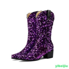 Women's Stage Calf Sequins Boots Mid Heel Shoes Nightclub Plus Size Glitter Show