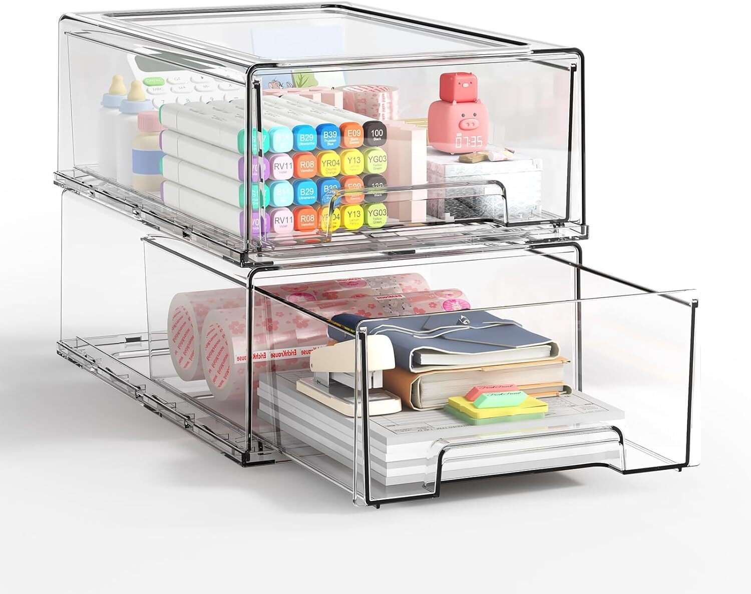 2 Pack Plastic Drawer Storage, Clear Stackable Storage Drawers Large Storage Bin