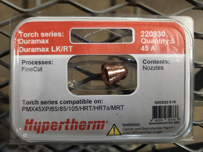 HYPERTHERM 220930 FINE CUT NOZZLE 45A PMX65/85/105 DURAMAX/LOCK, 5 PACK
