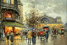 Art Giclee Printed Oil Painting Print European bustling street scene